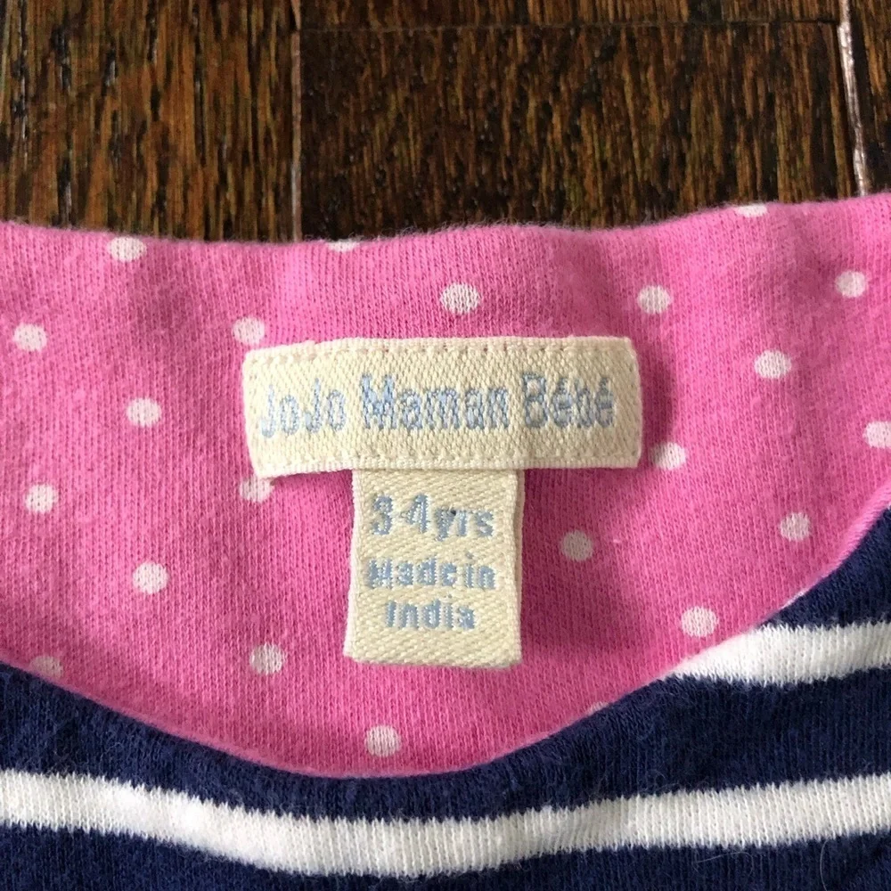 JoJo Maman Bébé Girls 3-4 Navy Blue Striped Elmer Elephant Appliqué A-Line Dress